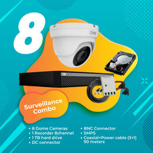 Load image into Gallery viewer, Full HD 2MP Cameras Combo KIT 8 Channel Full HD DVR + 8 Dome Cameras + 1 TB Hard Disc + Wire Roll + Supply &amp; All Required connectors - CCTV Bundle 1
