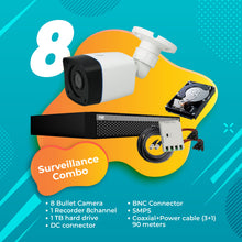 Load image into Gallery viewer, Full HD 2MP Cameras Combo KIT 8 Channel Full HD DVR + 8 Bullet Cameras + 1 TB Hard Disc + Wire Roll + Supply &amp; All Required connectors - CCTV Bundle 2
